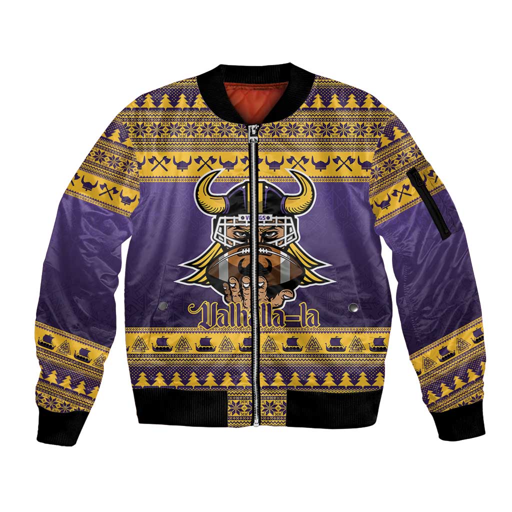 Viking-Inspired Football Christmas Sleeve Zip Bomber Jacket Valhalla-la Viking Warrior - Wonder Print Shop
