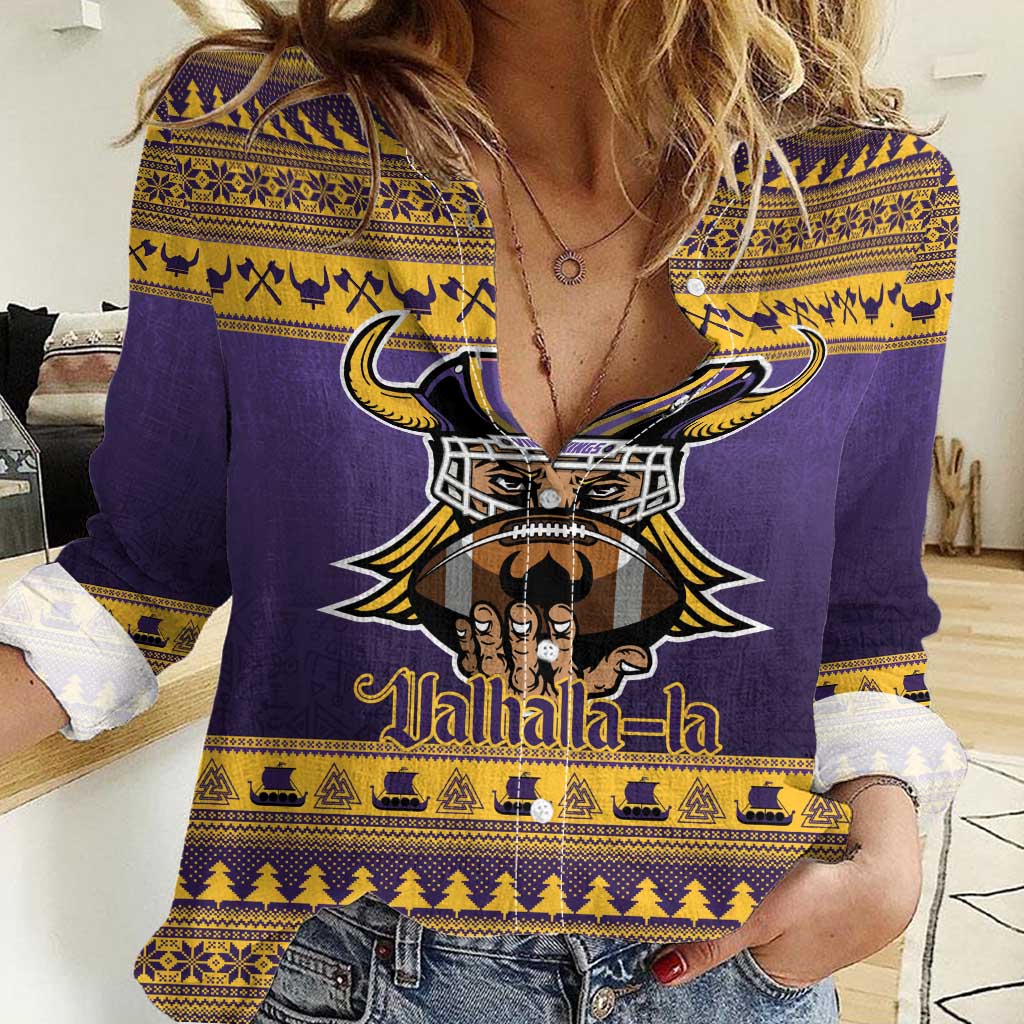 Viking-Inspired Football Christmas Women Casual Shirt Valhalla-la Viking Warrior - Wonder Print Shop