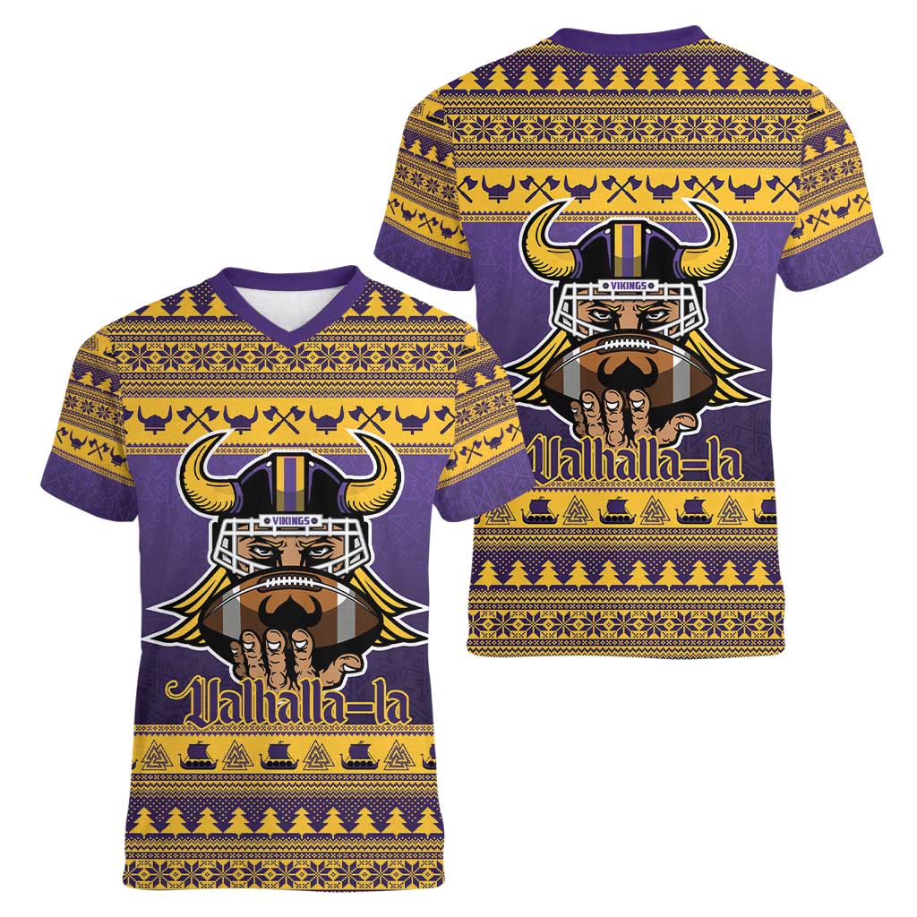 Viking-Inspired Football Christmas Women V-Neck T-Shirt Valhalla-la Viking Warrior - Wonder Print Shop
