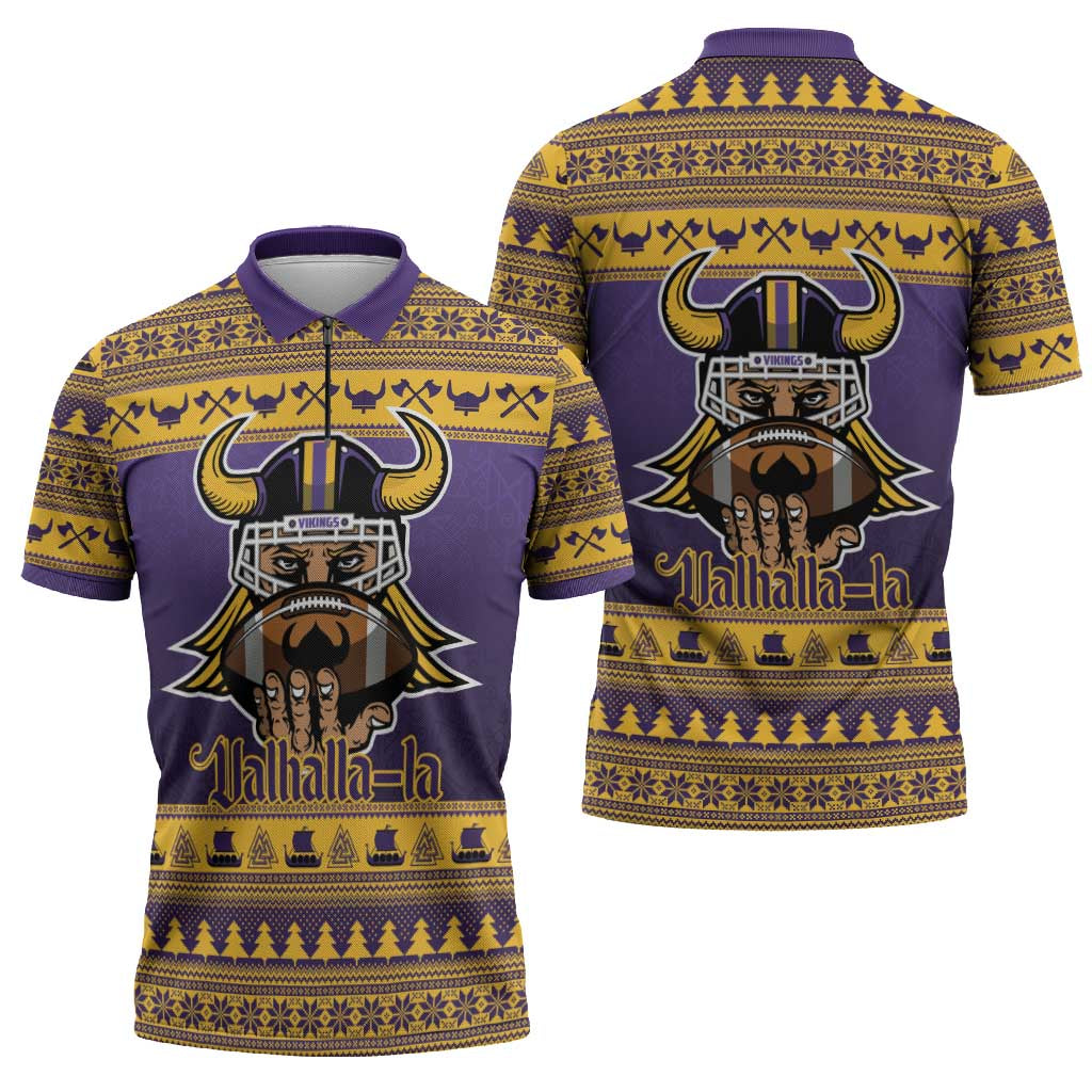 Viking-Inspired Football Christmas Zipper Polo Shirt Valhalla-la Viking Warrior - Wonder Print Shop
