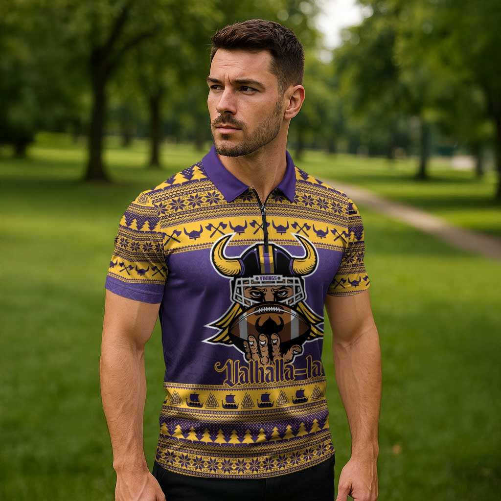 Viking-Inspired Football Christmas Zipper Polo Shirt Valhalla-la Viking Warrior - Wonder Print Shop