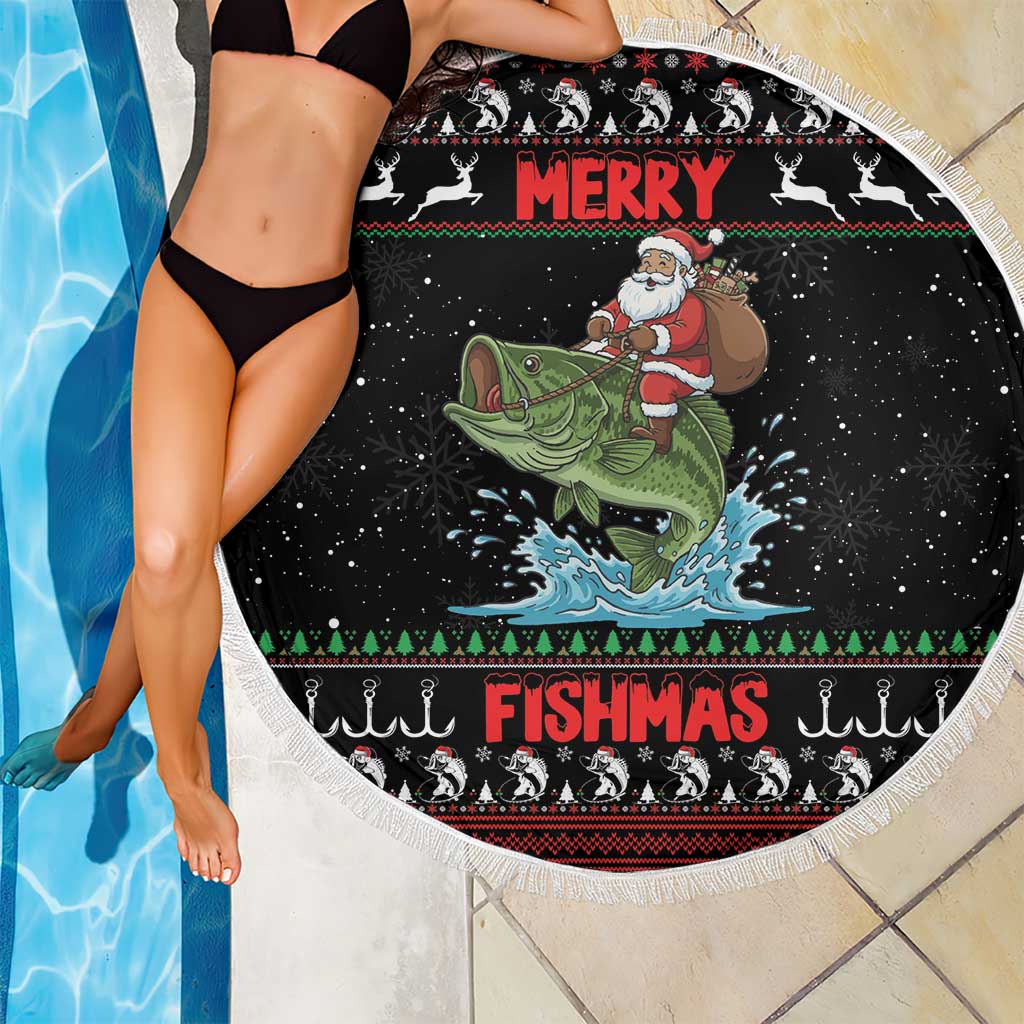 Merry Fishmas Santa Riding Bass Beach Blanket Funny Christmas - Wonder Print Shop