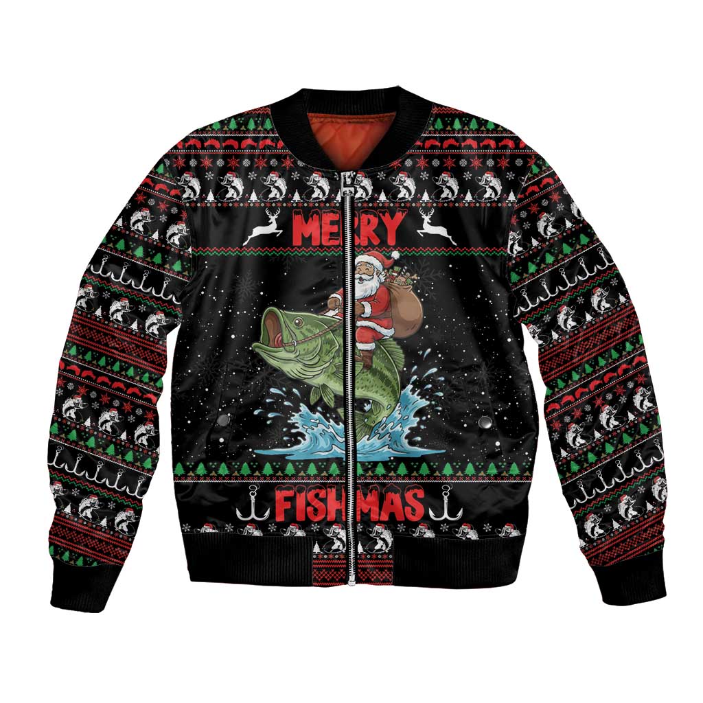 Merry Fishmas Santa Riding Bass Personalized Bomber Jacket Funny Christmas - Wonder Print Shop