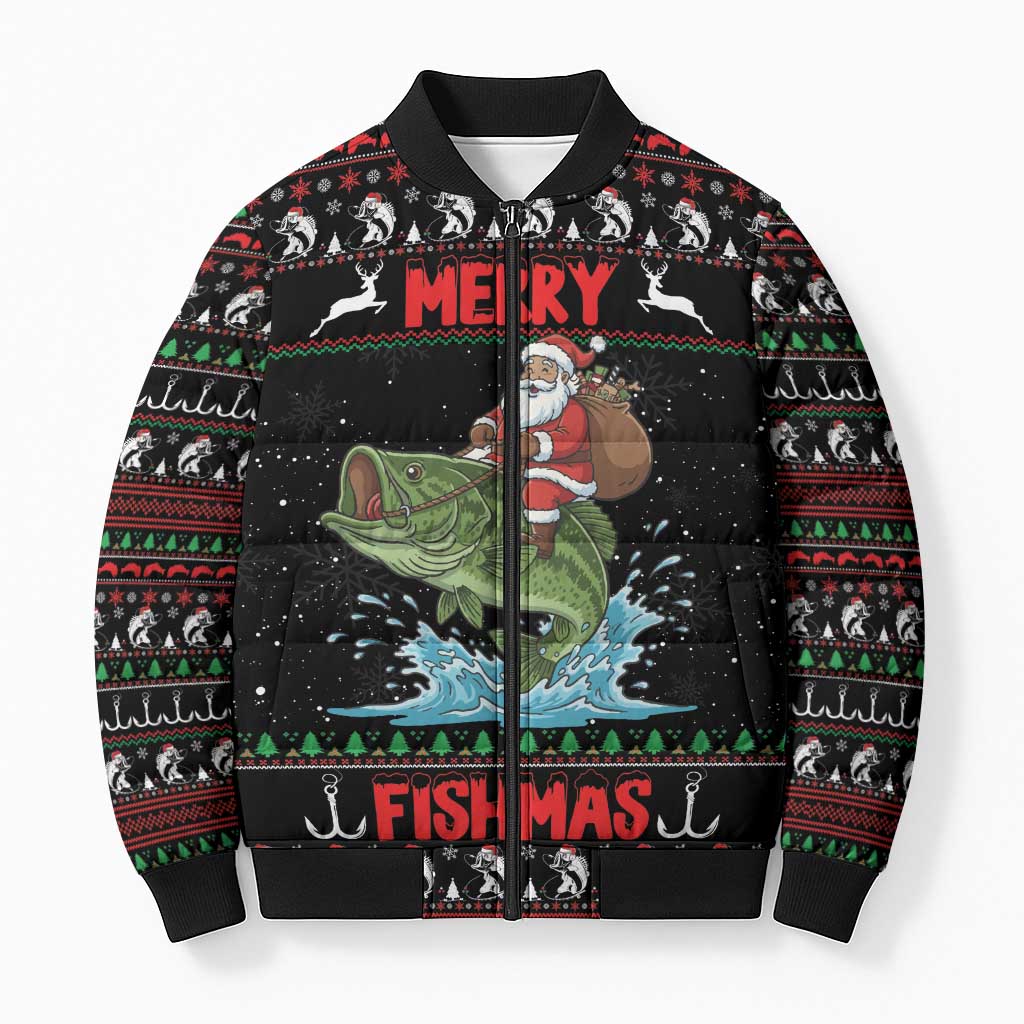 Merry Fishmas Santa Riding Bass Personalized Bomber Puffer Jacket Funny Christmas - Wonder Print Shop