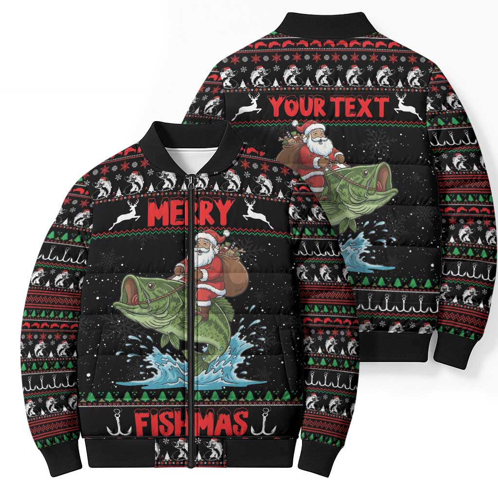 Merry Fishmas Santa Riding Bass Personalized Bomber Puffer Jacket Funny Christmas - Wonder Print Shop