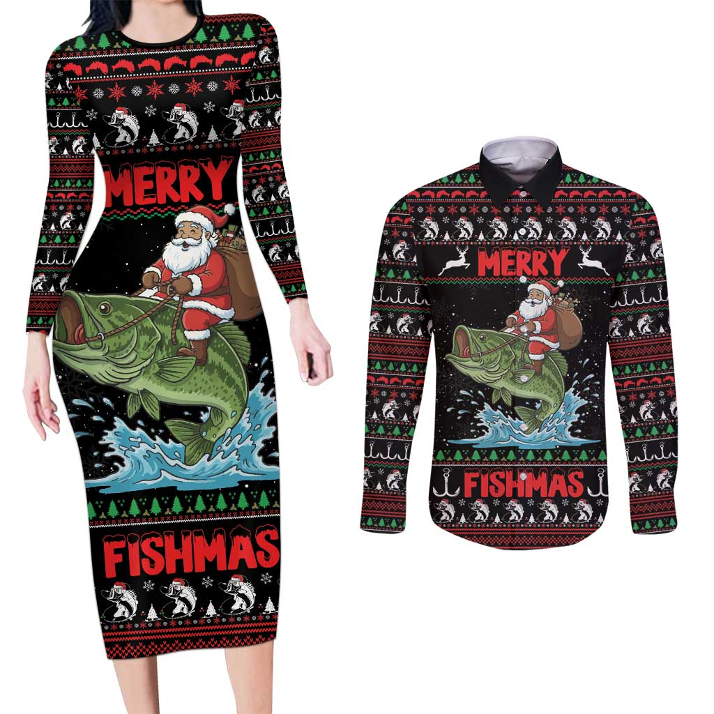 Merry Fishmas Santa Riding Bass Personalized Couples Matching Long Sleeve Bodycon Dress and Long Sleeve Button Shirt Funny Christmas - Wonder Print Shop