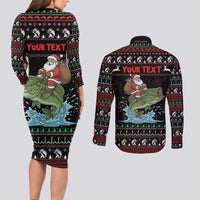 Merry Fishmas Santa Riding Bass Personalized Couples Matching Long Sleeve Bodycon Dress and Long Sleeve Button Shirt Funny Christmas - Wonder Print Shop