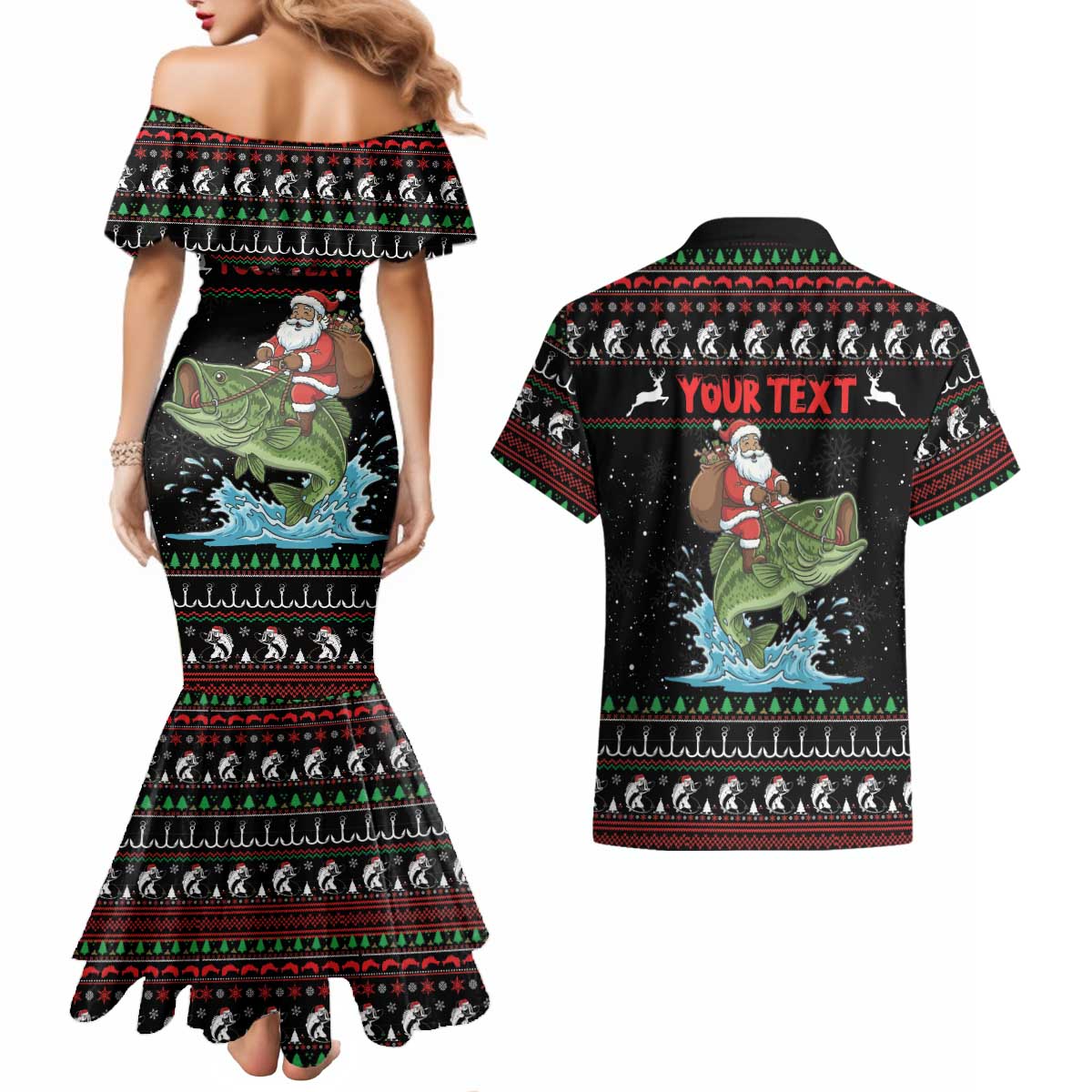 Merry Fishmas Santa Riding Bass Personalized Couples Matching Mermaid Dress and Hawaiian Shirt Funny Christmas - Wonder Print Shop