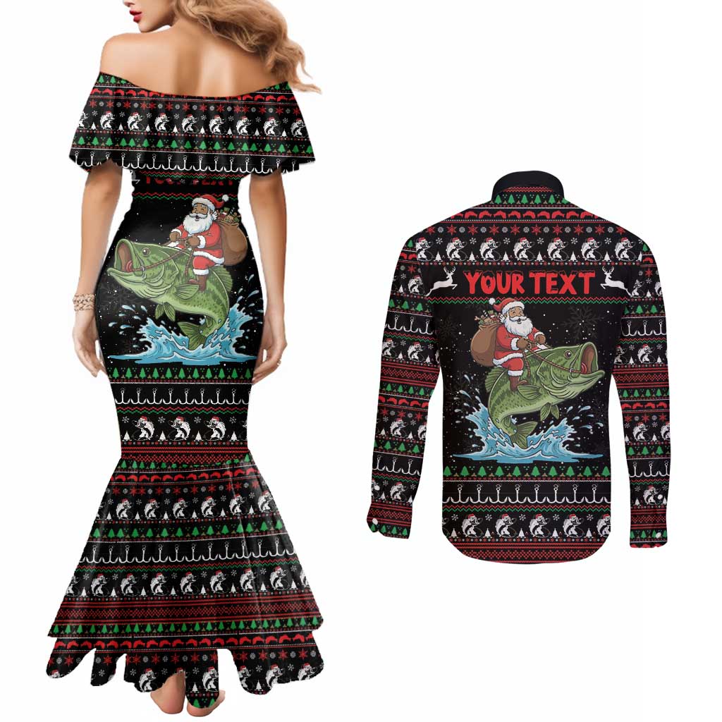 Merry Fishmas Santa Riding Bass Personalized Couples Matching Mermaid Dress and Long Sleeve Button Shirt Funny Christmas - Wonder Print Shop