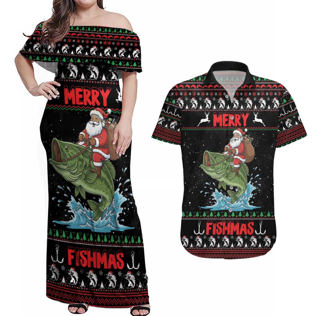 Merry Fishmas Santa Riding Bass Personalized Couples Matching Off Shoulder Maxi Dress and Hawaiian Shirt Funny Christmas - Wonder Print Shop