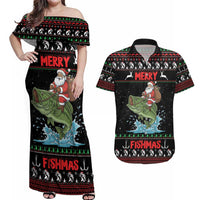 Merry Fishmas Santa Riding Bass Personalized Couples Matching Off Shoulder Maxi Dress and Hawaiian Shirt Funny Christmas - Wonder Print Shop