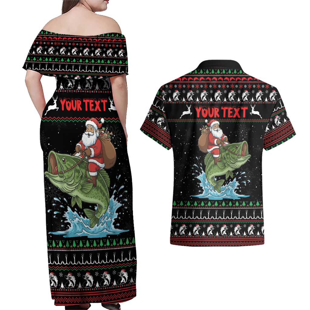 Merry Fishmas Santa Riding Bass Personalized Couples Matching Off Shoulder Maxi Dress and Hawaiian Shirt Funny Christmas - Wonder Print Shop