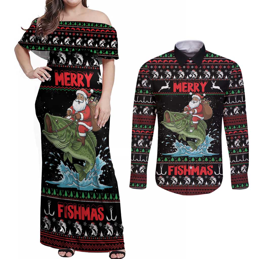 Merry Fishmas Santa Riding Bass Personalized Couples Matching Off Shoulder Maxi Dress and Long Sleeve Button Shirt Funny Christmas - Wonder Print Shop