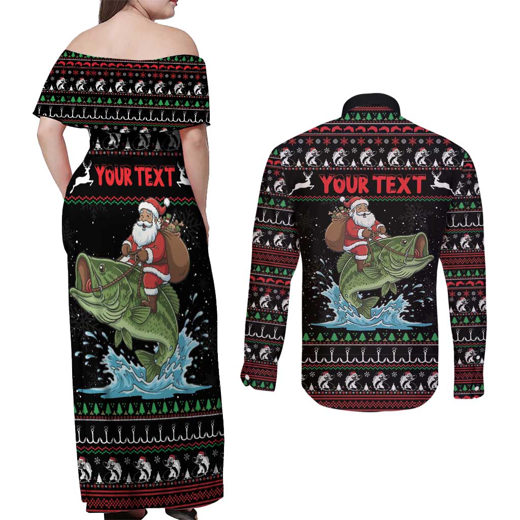 Merry Fishmas Santa Riding Bass Personalized Couples Matching Off Shoulder Maxi Dress and Long Sleeve Button Shirt Funny Christmas - Wonder Print Shop