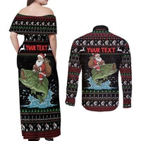 Merry Fishmas Santa Riding Bass Personalized Couples Matching Off Shoulder Maxi Dress and Long Sleeve Button Shirt Funny Christmas - Wonder Print Shop