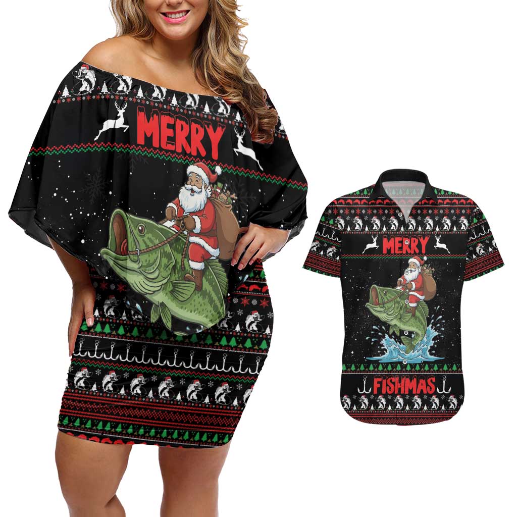 Merry Fishmas Santa Riding Bass Personalized Couples Matching Off Shoulder Short Dress and Hawaiian Shirt Funny Christmas - Wonder Print Shop