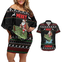 Merry Fishmas Santa Riding Bass Personalized Couples Matching Off Shoulder Short Dress and Hawaiian Shirt Funny Christmas - Wonder Print Shop