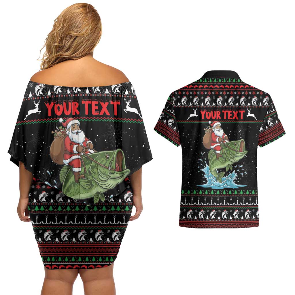Merry Fishmas Santa Riding Bass Personalized Couples Matching Off Shoulder Short Dress and Hawaiian Shirt Funny Christmas - Wonder Print Shop