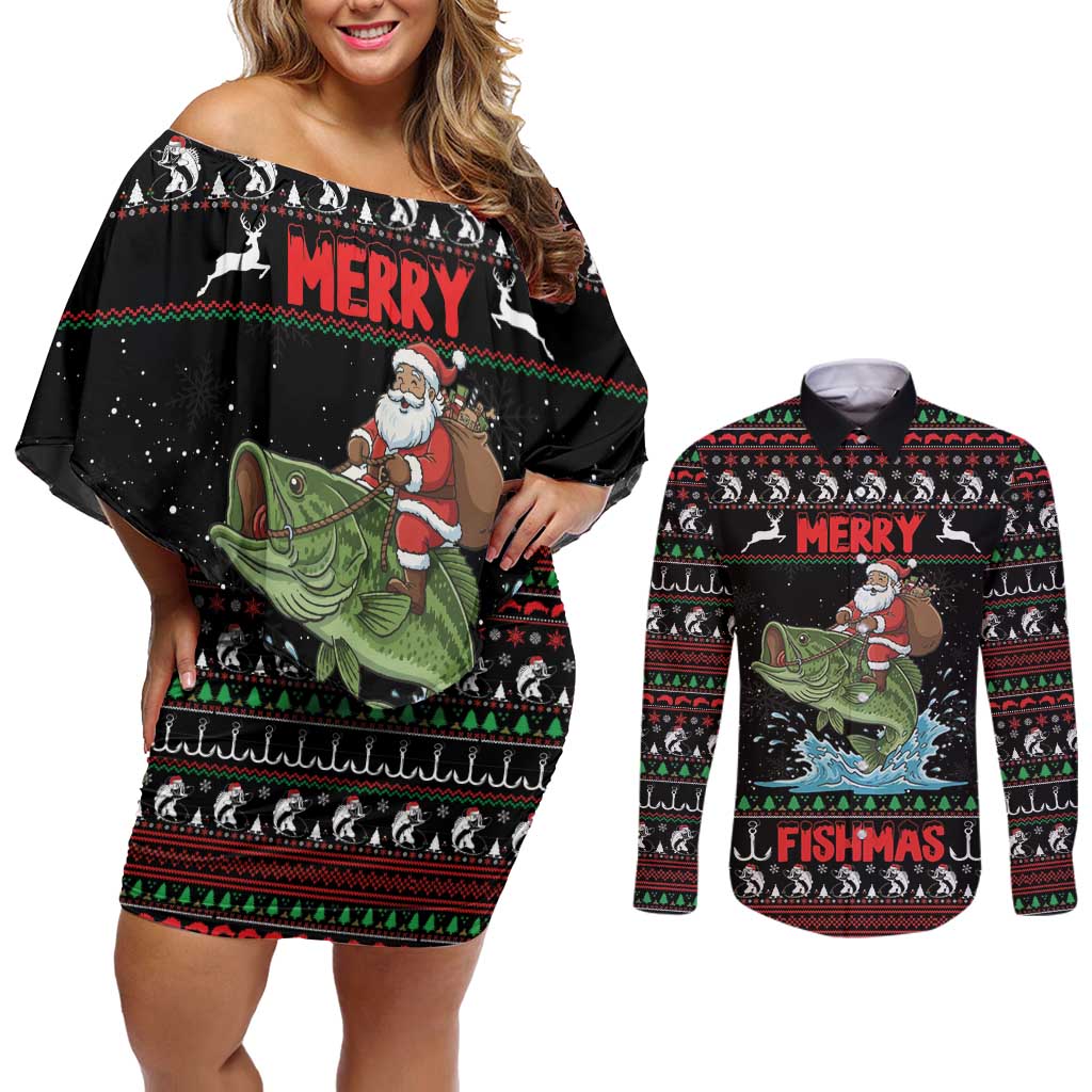 Merry Fishmas Santa Riding Bass Personalized Couples Matching Off Shoulder Short Dress and Long Sleeve Button Shirt Funny Christmas - Wonder Print Shop