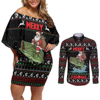 Merry Fishmas Santa Riding Bass Personalized Couples Matching Off Shoulder Short Dress and Long Sleeve Button Shirt Funny Christmas - Wonder Print Shop