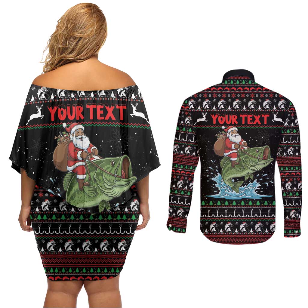 Merry Fishmas Santa Riding Bass Personalized Couples Matching Off Shoulder Short Dress and Long Sleeve Button Shirt Funny Christmas - Wonder Print Shop