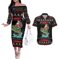 Merry Fishmas Santa Riding Bass Personalized Couples Matching Off The Shoulder Long Sleeve Dress and Hawaiian Shirt Funny Christmas - Wonder Print Shop