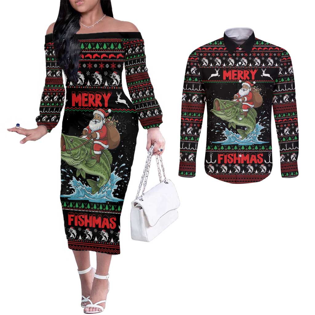 Merry Fishmas Santa Riding Bass Personalized Couples Matching Off The Shoulder Long Sleeve Dress and Long Sleeve Button Shirt Funny Christmas - Wonder Print Shop