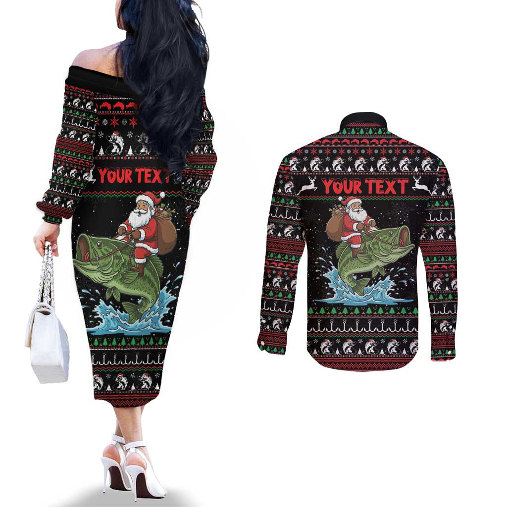 Merry Fishmas Santa Riding Bass Personalized Couples Matching Off The Shoulder Long Sleeve Dress and Long Sleeve Button Shirt Funny Christmas - Wonder Print Shop