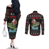 Merry Fishmas Santa Riding Bass Personalized Couples Matching Off The Shoulder Long Sleeve Dress and Long Sleeve Button Shirt Funny Christmas - Wonder Print Shop