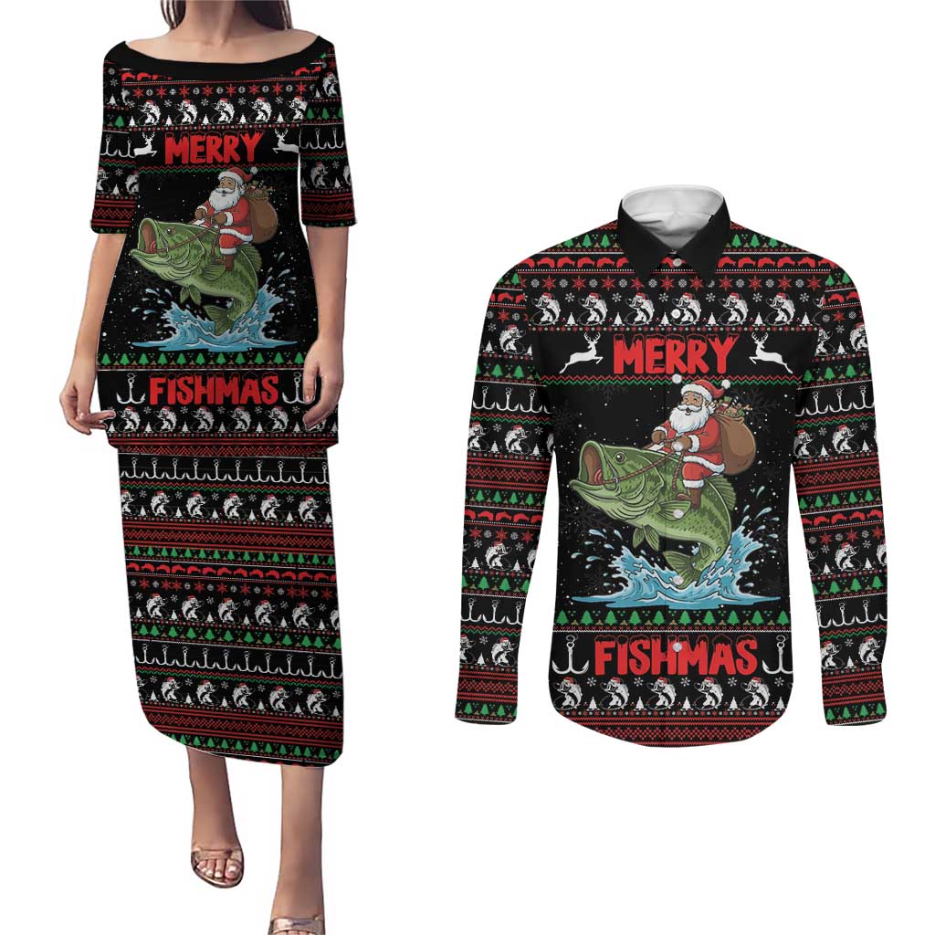 Merry Fishmas Santa Riding Bass Personalized Couples Matching Puletasi and Long Sleeve Button Shirt Funny Christmas - Wonder Print Shop