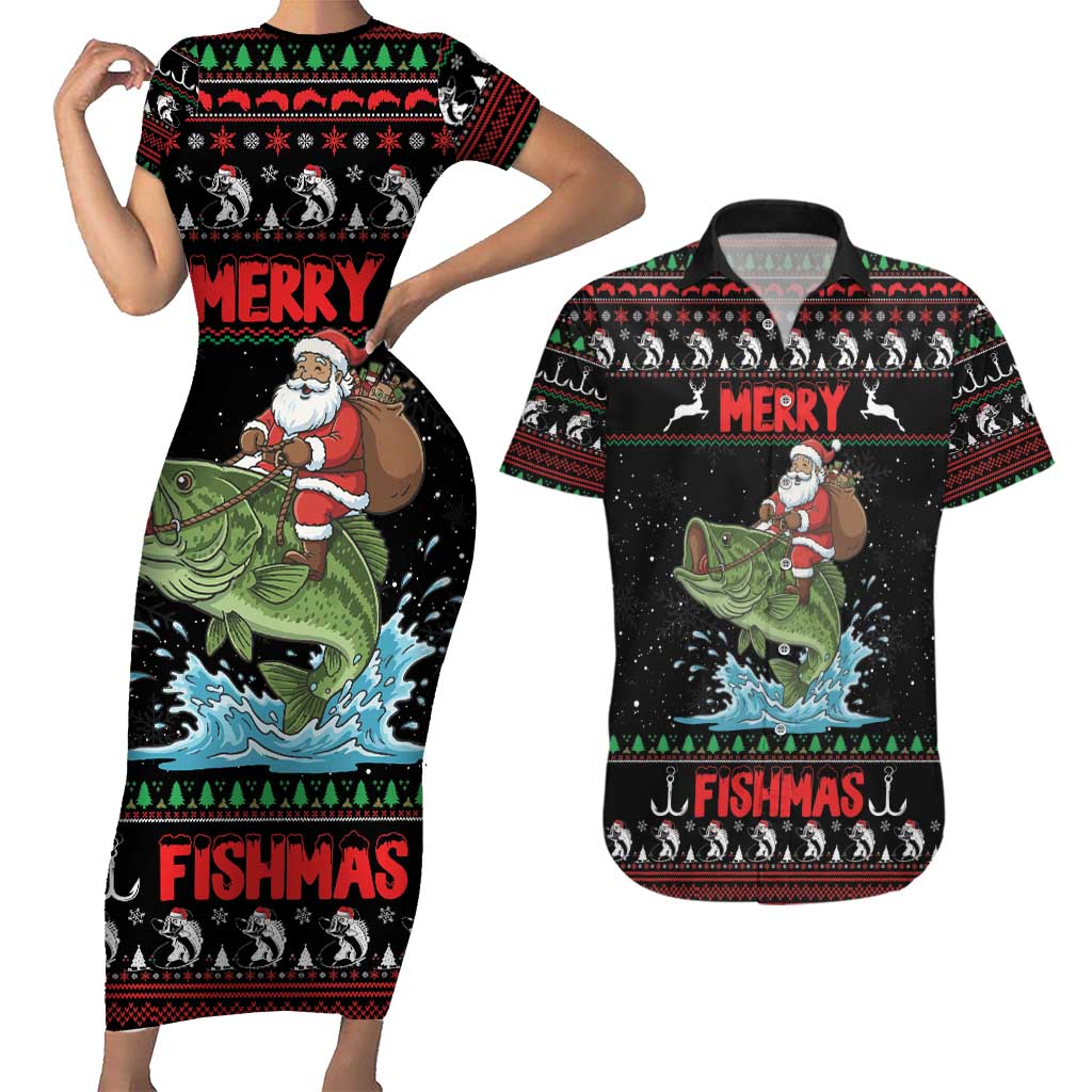 Merry Fishmas Santa Riding Bass Personalized Couples Matching Short Sleeve Bodycon Dress and Hawaiian Shirt Funny Christmas - Wonder Print Shop