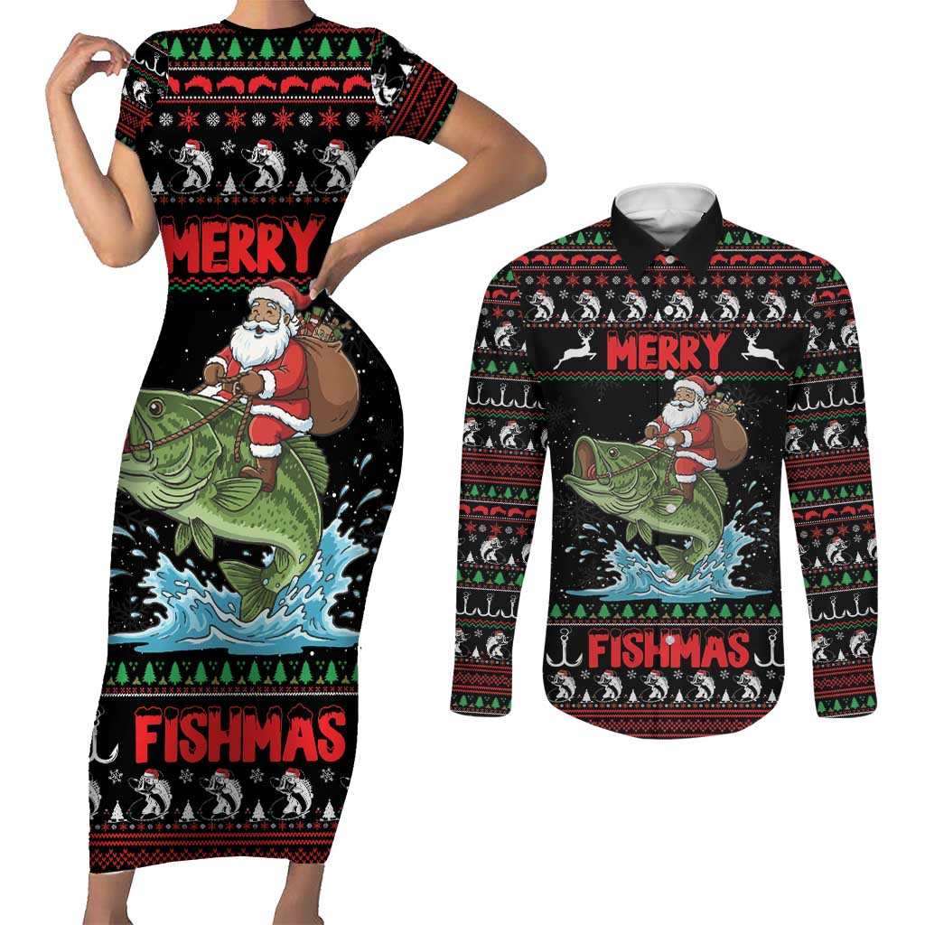 Merry Fishmas Santa Riding Bass Personalized Couples Matching Short Sleeve Bodycon Dress and Long Sleeve Button Shirt Funny Christmas - Wonder Print Shop