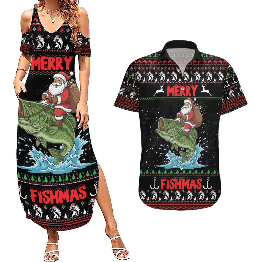 Merry Fishmas Santa Riding Bass Personalized Couples Matching Summer Maxi Dress and Hawaiian Shirt Funny Christmas - Wonder Print Shop