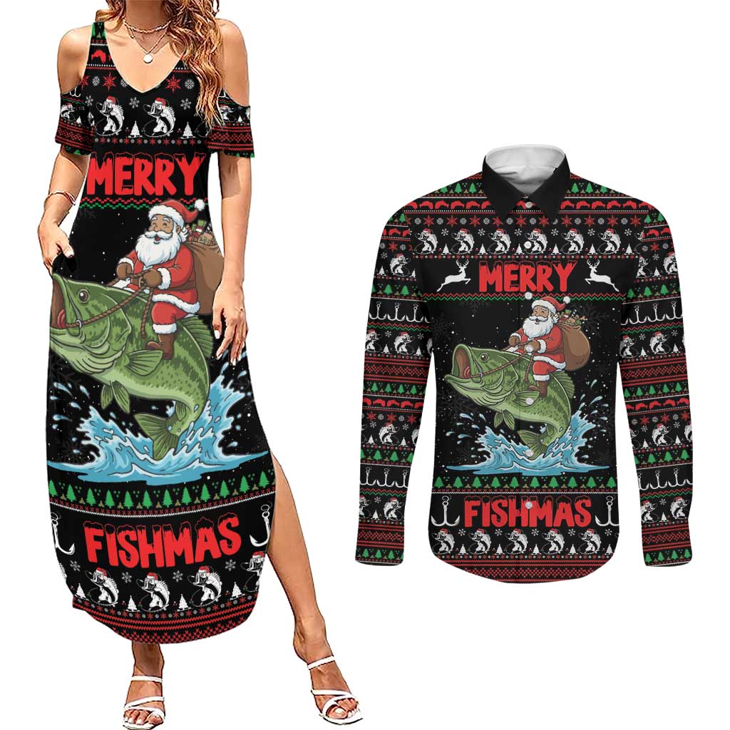 Merry Fishmas Santa Riding Bass Personalized Couples Matching Summer Maxi Dress and Long Sleeve Button Shirt Funny Christmas - Wonder Print Shop