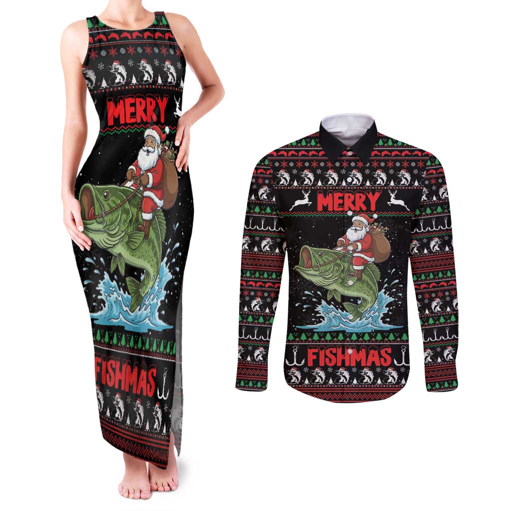 Merry Fishmas Santa Riding Bass Personalized Couples Matching Tank Maxi Dress and Long Sleeve Button Shirt Funny Christmas - Wonder Print Shop