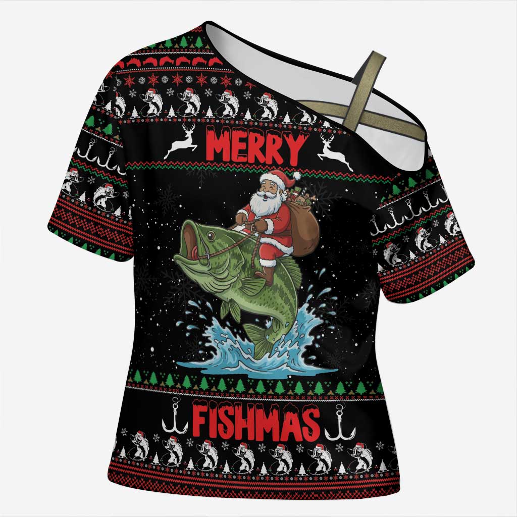 Merry Fishmas Santa Riding Bass Personalized Cross Shoulder Shirt Funny Christmas - Wonder Print Shop