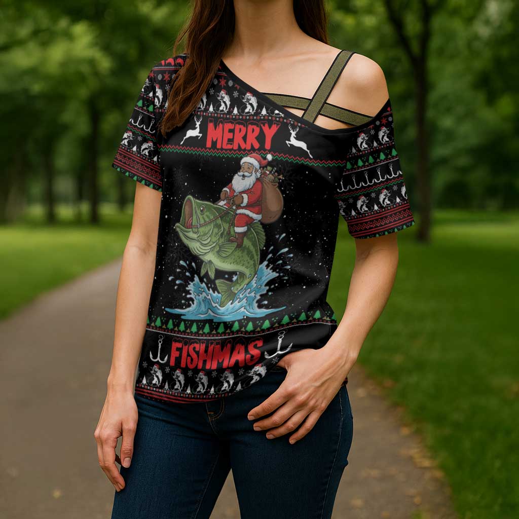 Merry Fishmas Santa Riding Bass Personalized Cross Shoulder Shirt Funny Christmas - Wonder Print Shop