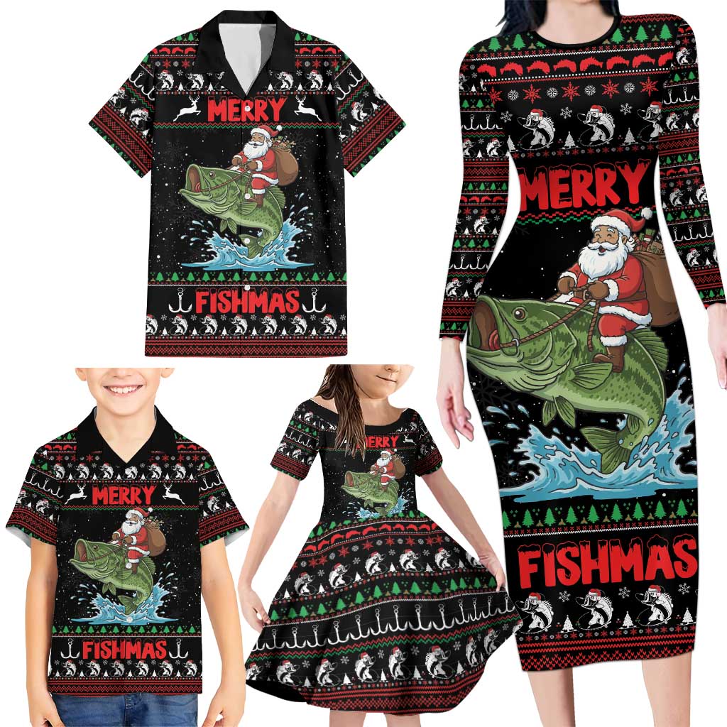 Merry Fishmas Santa Riding Bass Personalized Family Matching Long Sleeve Bodycon Dress and Hawaiian Shirt Funny Christmas - Wonder Print Shop