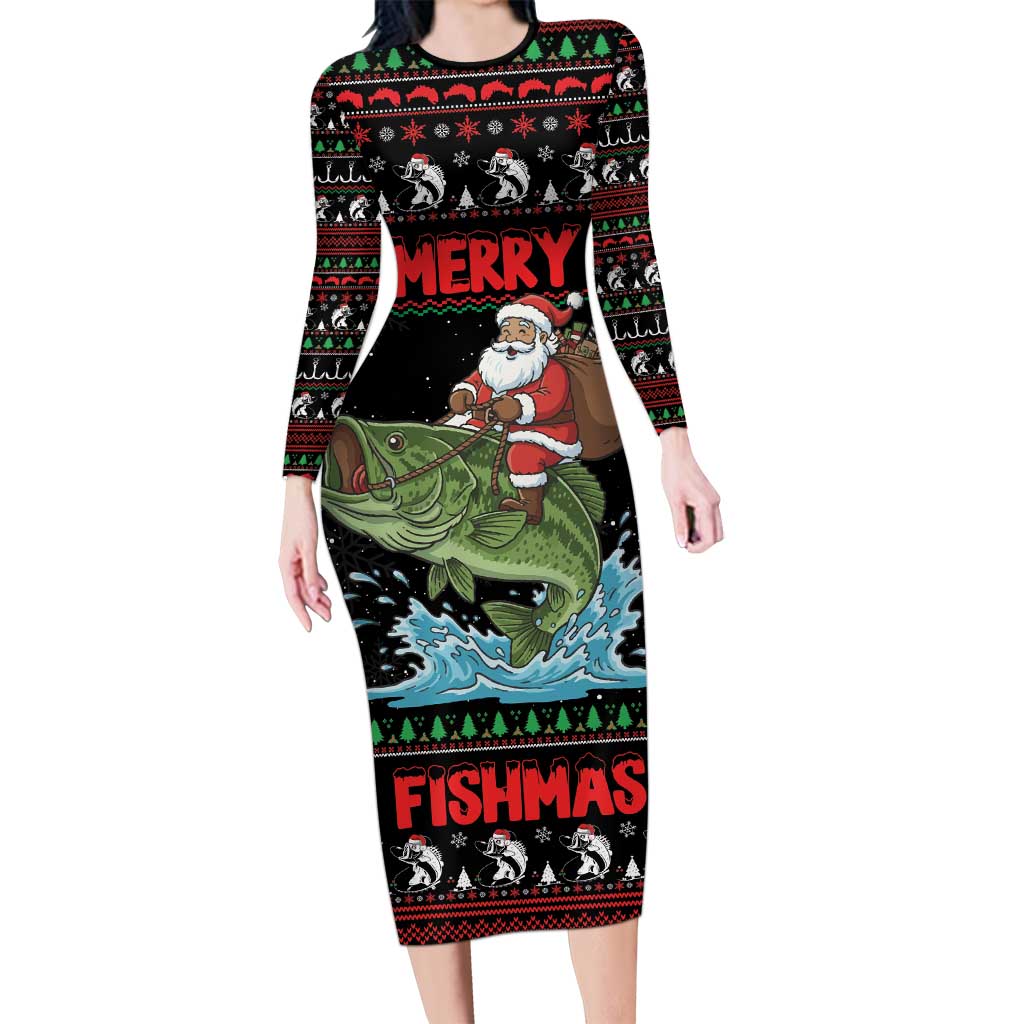 Merry Fishmas Santa Riding Bass Personalized Family Matching Long Sleeve Bodycon Dress and Hawaiian Shirt Funny Christmas - Wonder Print Shop