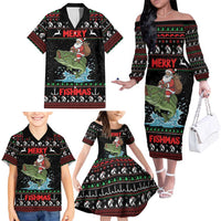 Merry Fishmas Santa Riding Bass Personalized Family Matching Off The Shoulder Long Sleeve Dress and Hawaiian Shirt Funny Christmas - Wonder Print Shop