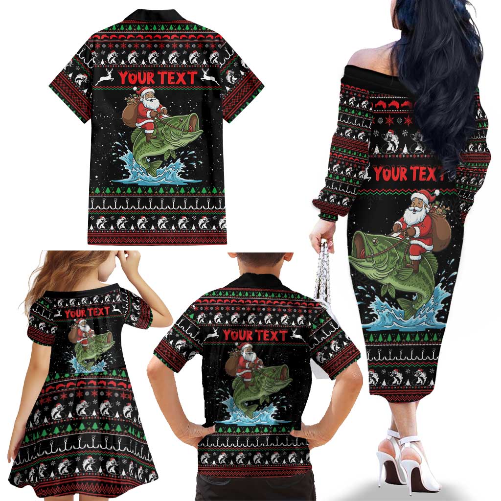 Merry Fishmas Santa Riding Bass Personalized Family Matching Off The Shoulder Long Sleeve Dress and Hawaiian Shirt Funny Christmas - Wonder Print Shop