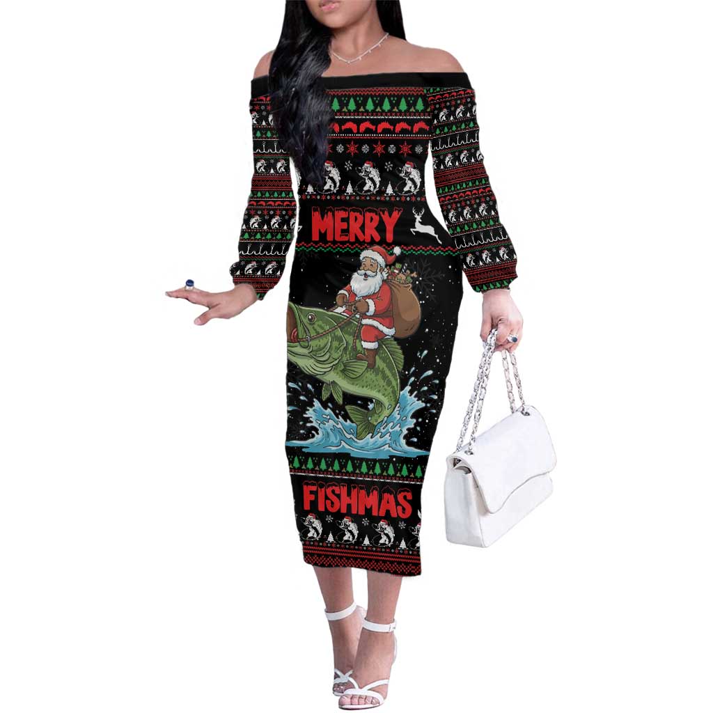 Merry Fishmas Santa Riding Bass Personalized Family Matching Off The Shoulder Long Sleeve Dress and Hawaiian Shirt Funny Christmas - Wonder Print Shop