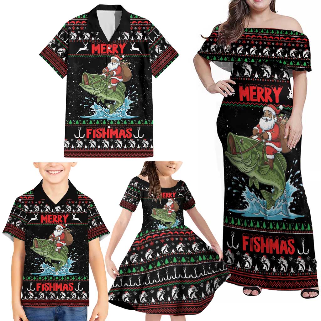 Merry Fishmas Santa Riding Bass Personalized Family Matching Off Shoulder Maxi Dress and Hawaiian Shirt Funny Christmas - Wonder Print Shop