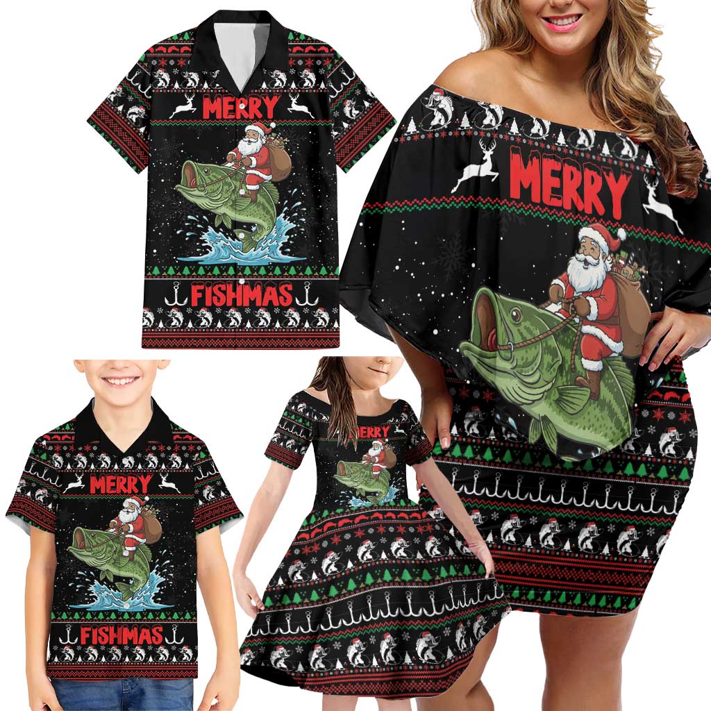 Merry Fishmas Santa Riding Bass Personalized Family Matching Off Shoulder Short Dress and Hawaiian Shirt Funny Christmas - Wonder Print Shop