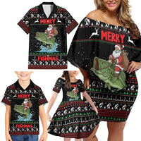 Merry Fishmas Santa Riding Bass Personalized Family Matching Off Shoulder Short Dress and Hawaiian Shirt Funny Christmas - Wonder Print Shop