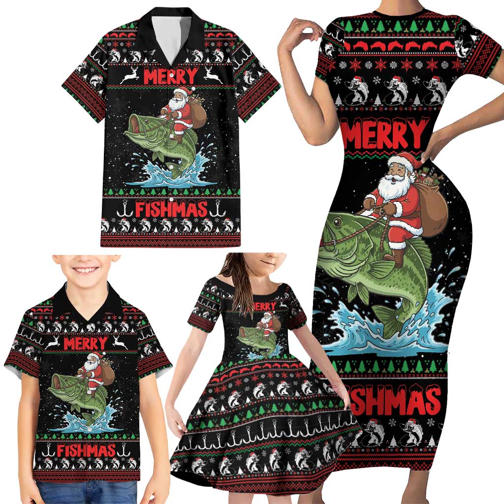 Merry Fishmas Santa Riding Bass Personalized Family Matching Short Sleeve Bodycon Dress and Hawaiian Shirt Funny Christmas - Wonder Print Shop