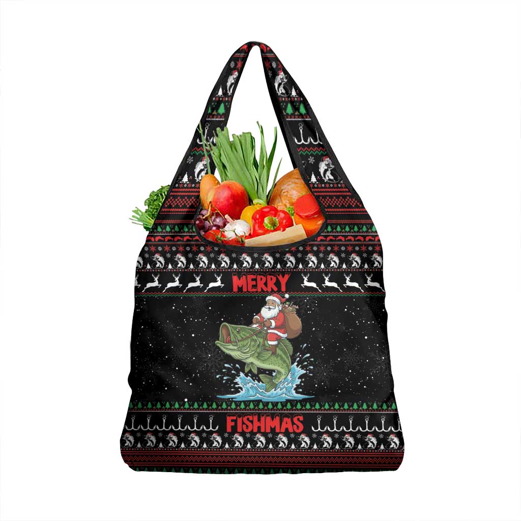 Merry Fishmas Santa Riding Bass Grocery Bag Funny Christmas - Wonder Print Shop