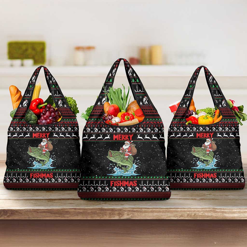 Merry Fishmas Santa Riding Bass Grocery Bag Funny Christmas - Wonder Print Shop