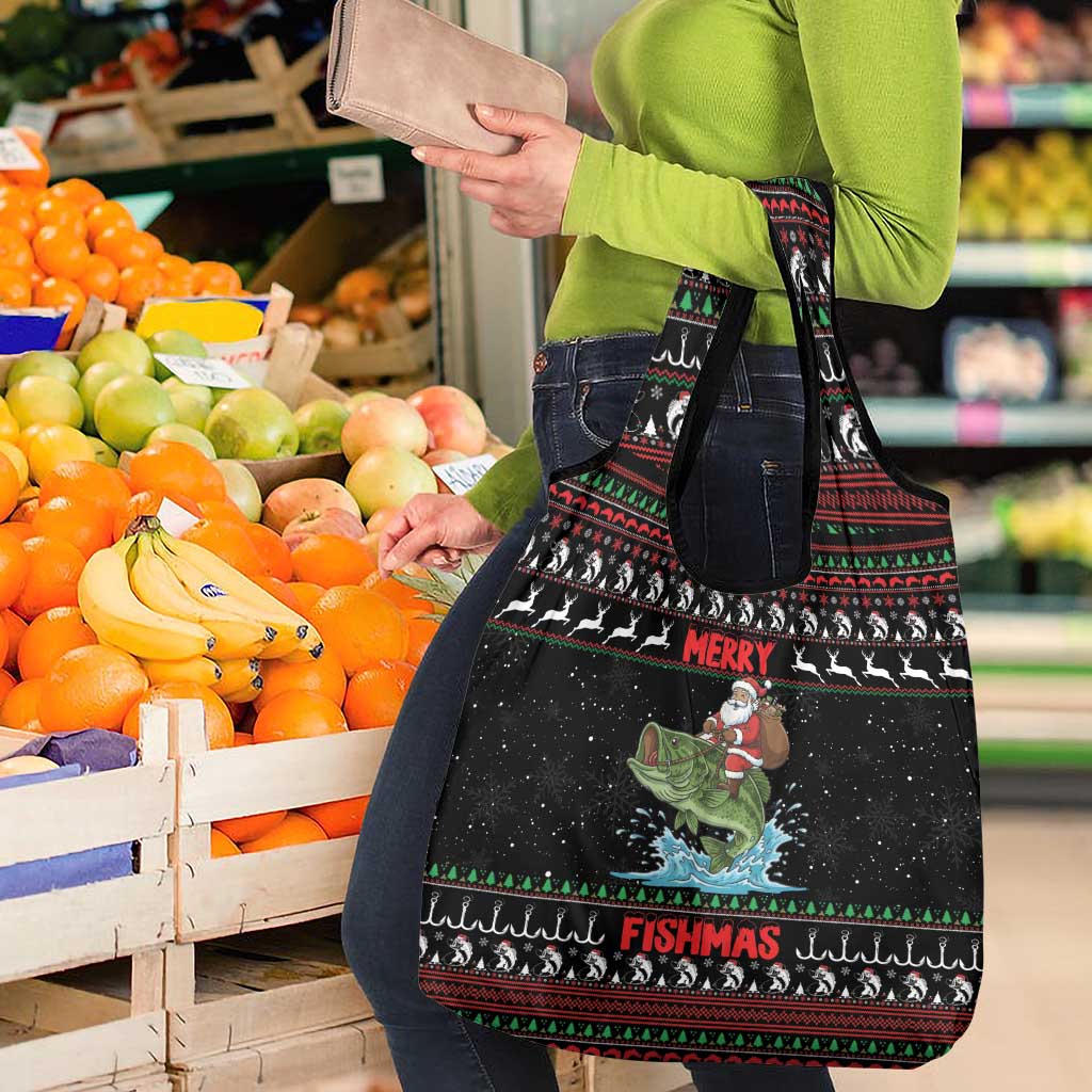Merry Fishmas Santa Riding Bass Grocery Bag Funny Christmas - Wonder Print Shop
