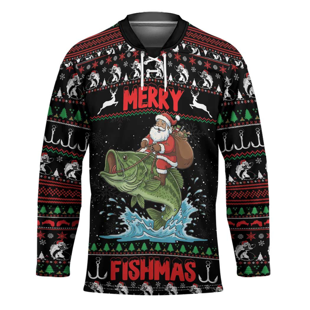 Merry Fishmas Santa Riding Bass Personalized Hockey Jersey Funny Christmas - Wonder Print Shop